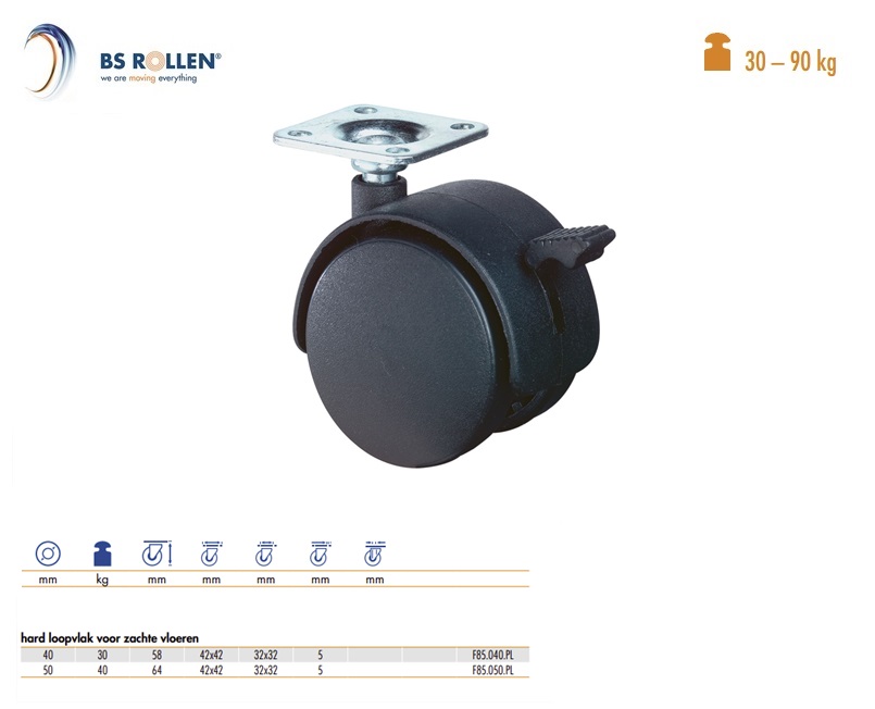 Dubbel zwenkwiel met rem Ø 40 mm