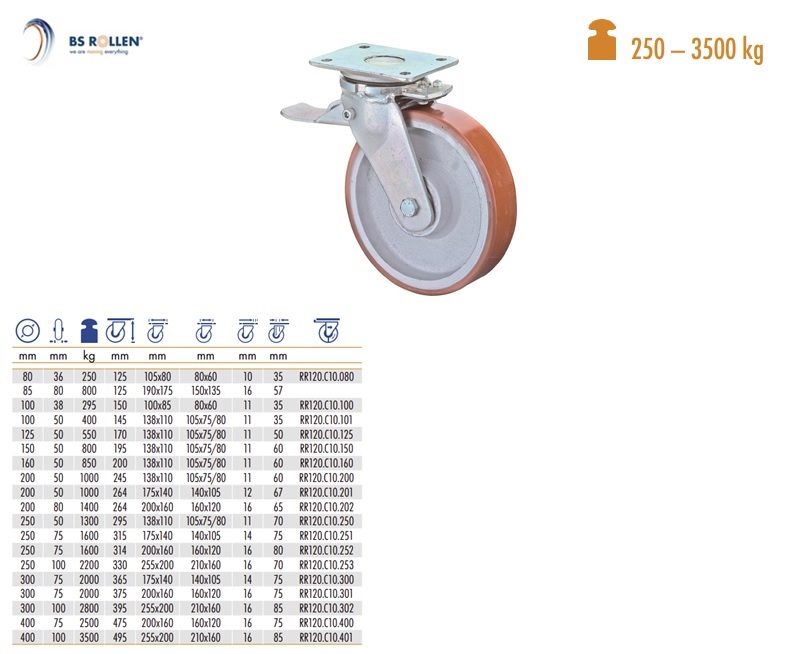 Zwaarlast zwenkwiel met vastzetter dm 100 mm