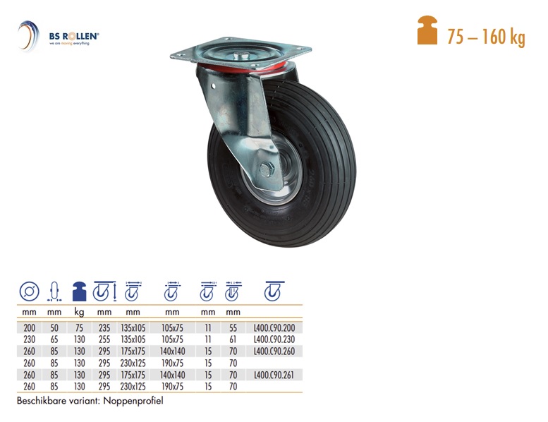 Zwenkwiel met luchtband dm 200 mm