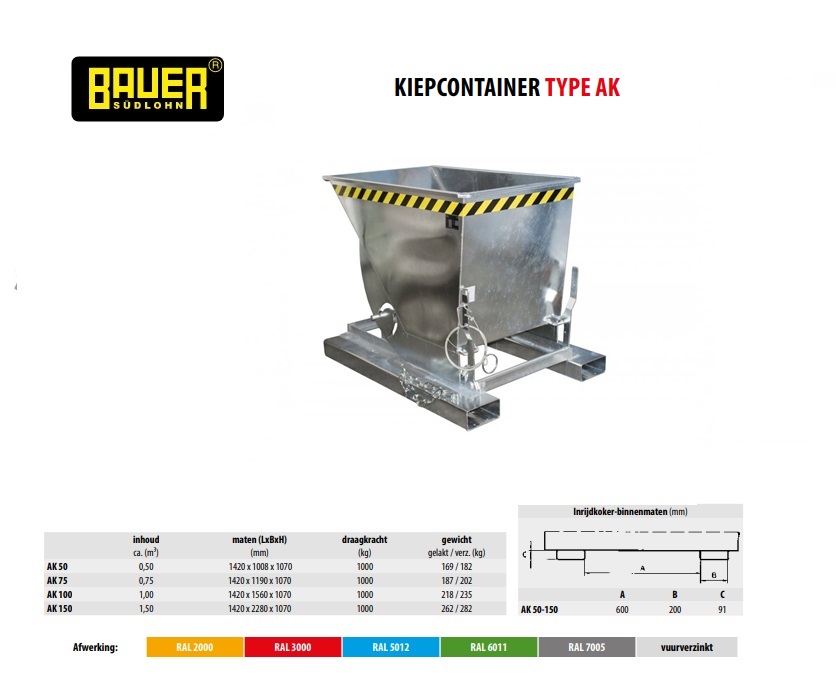 Kiepcontainer met afrolsysteem AK 50 vuurverzink