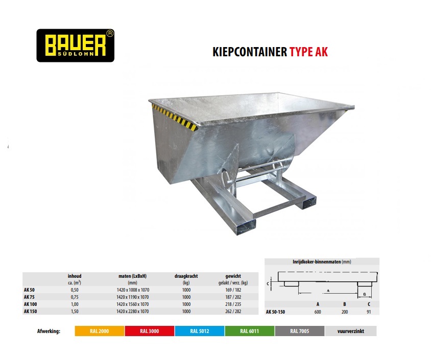 Kiepcontainer met afrolsysteem AK 150 vuurverzink