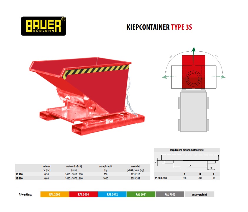 Kiepcontainer met 3-zijdige kiepfunctie 3S 300 Ral 5012 | DKMTools - DKM Tools