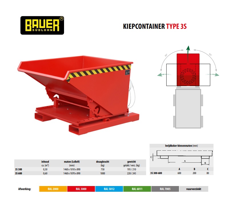 Kiepcontainer met 3-zijdige kiepfunctie 3S 300 Ral 3000 | DKMTools - DKM Tools