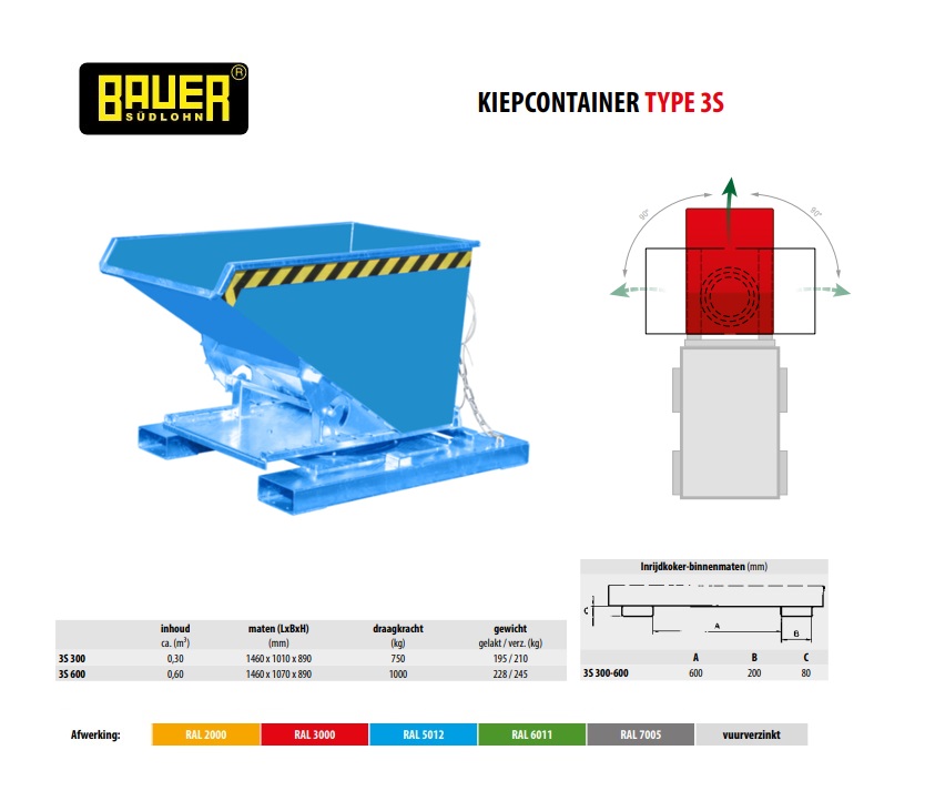 Kiepcontainer met 3-zijdige kiepfunctie 3S 300 Ral 5012