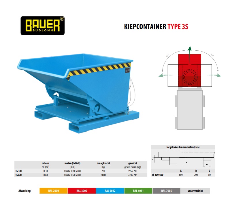 Kiepcontainer met 3-zijdige kiepfunctie 3S 600 Ral 5012