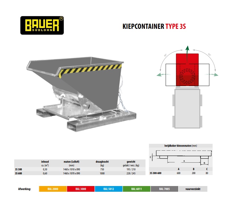 Kiepcontainer met 3-zijdige kiepfunctie 3S 300 Ral 7005