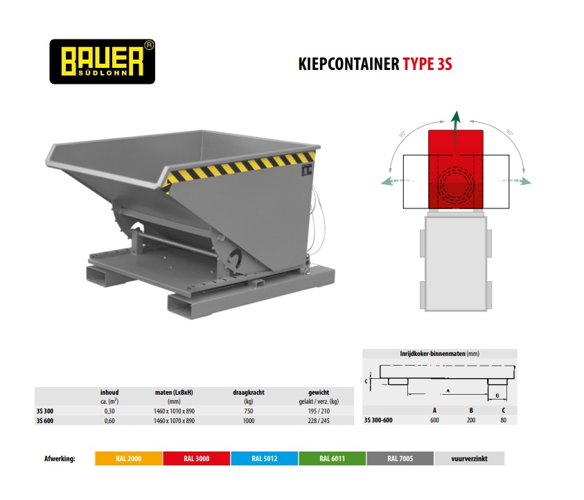 Kiepcontainer met 3-zijdige kiepfunctie 3S 600 Ral 7005