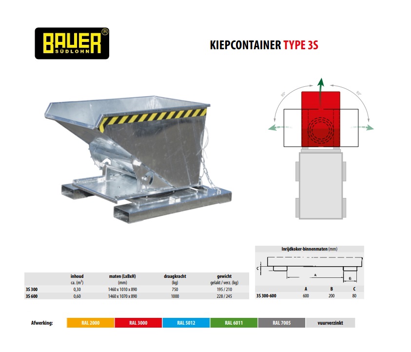 Kiepcontainer met 3-zijdige kiepfunctie 3S 300 vuurverzink