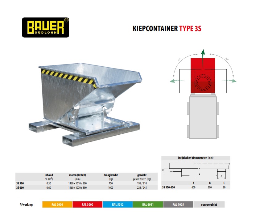 Kiepcontainer met 3-zijdige kiepfunctie 3S 600 vuurverzink