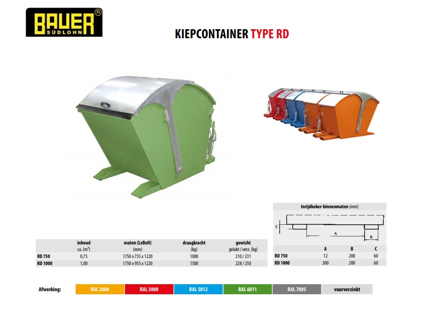 Kiepcontainer met rond deksel RD 1000 Ral 6011