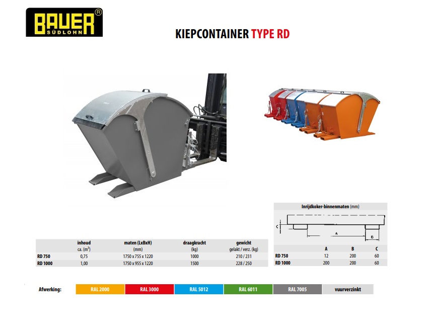 Kiepcontainer met rond deksel RD 750 Ral 7005