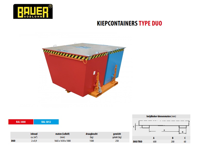 Kiepcontainer 2x0,90 m³ gelakt Bauer DUO