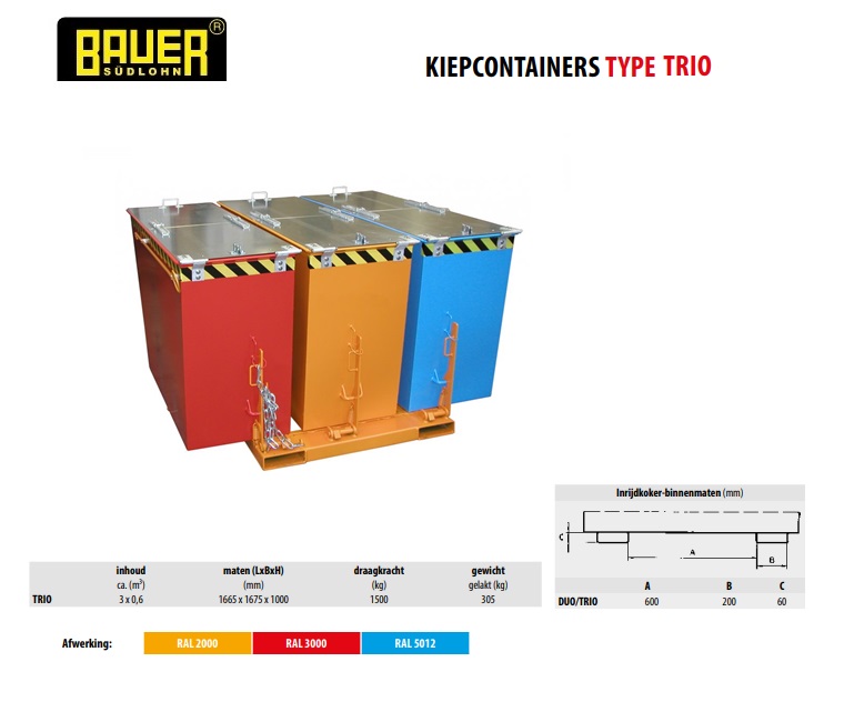 Kiepcontainer 3x0,60 m³ gelakt Bauer TRIO