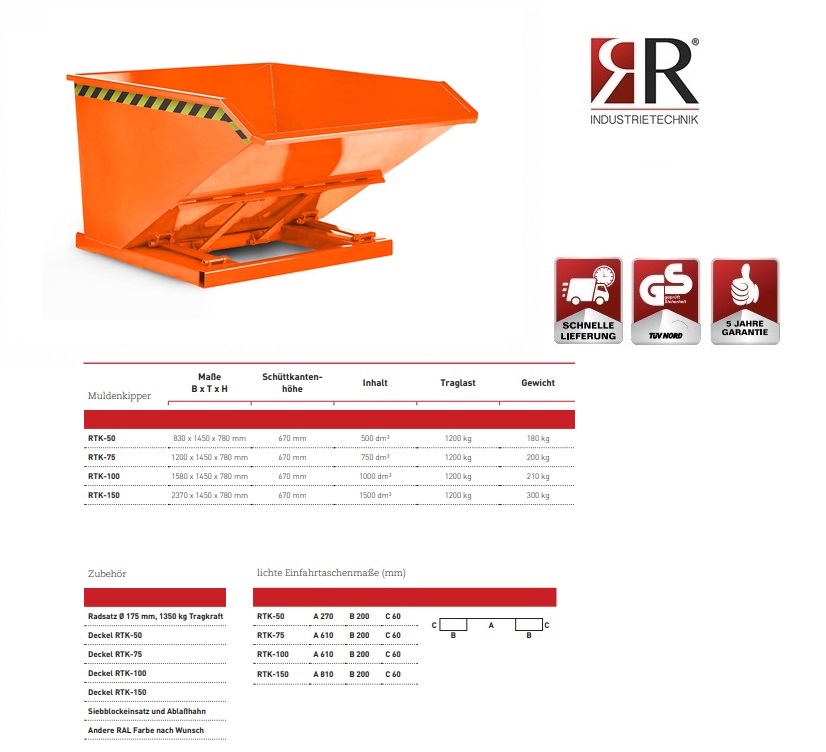 Kiepcontainer RTK-75 RAL 3000 | DKMTools - DKM Tools