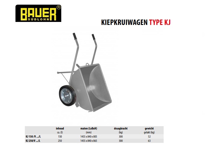 Kiepkruiwagen KJ 150/L wiel Ø 400 mm Ral 7005