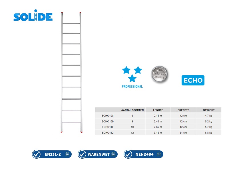 Enkele ladder Echo 1 x 8 sp 2,15 m W hoogte 3,05 m | DKMTools - DKM Tools