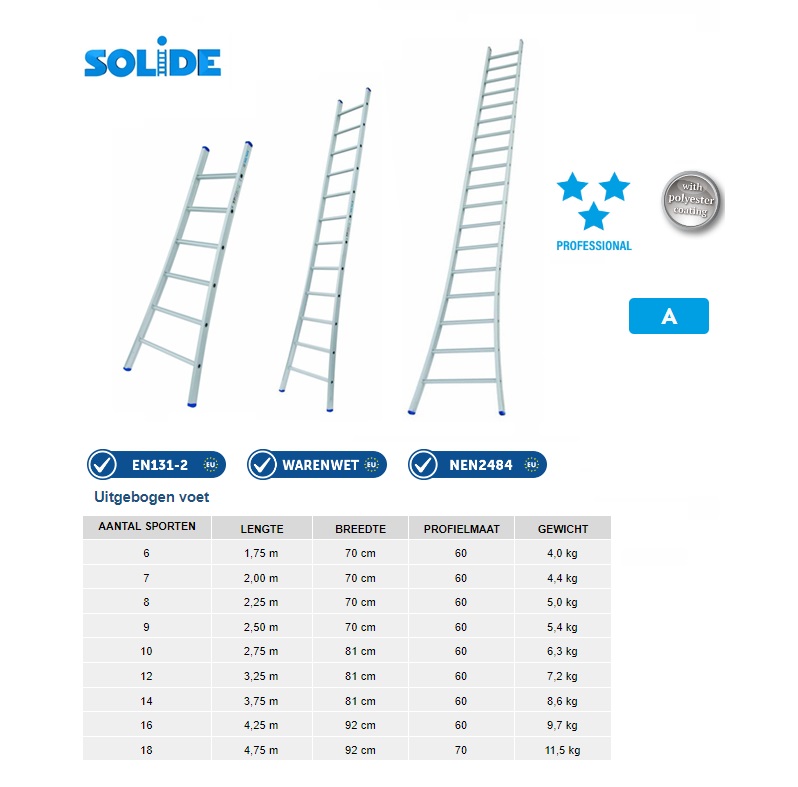Enkele ladder 6 Sp Uitgebogen voet 1,75 m 2,65 m