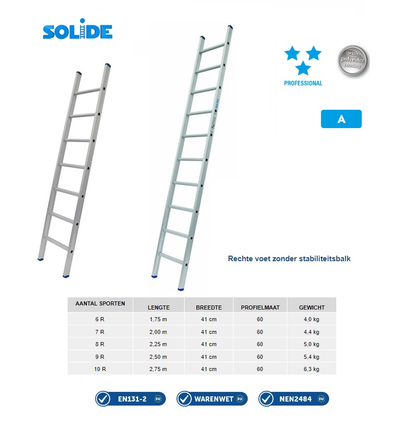 Enkele ladder 6 sporten, rechte voet 1,75 m L=2,65 m