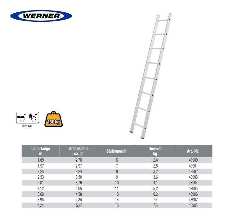 Enkele ladder 8 sp 2,25mtr WH 3,24 mtr