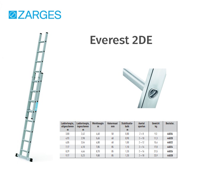 Everest 2DE opsteekladder 2-delig 2 x 8 SP L= 3,8m