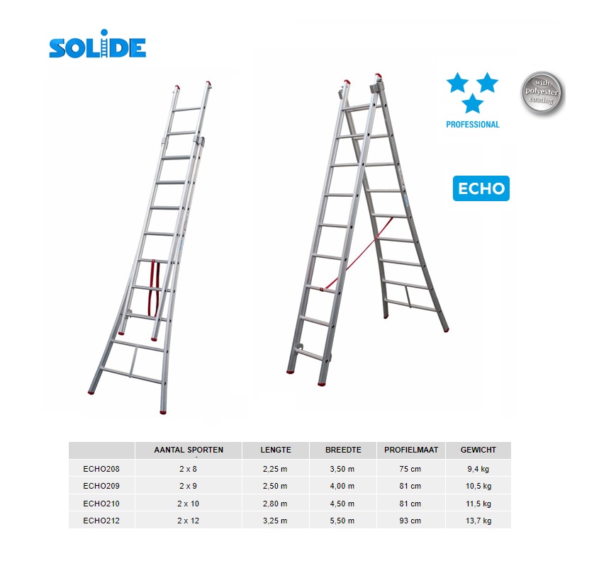 Schuifladder Echo 2 x 8 sp 2,25 m TL= 3,50 m