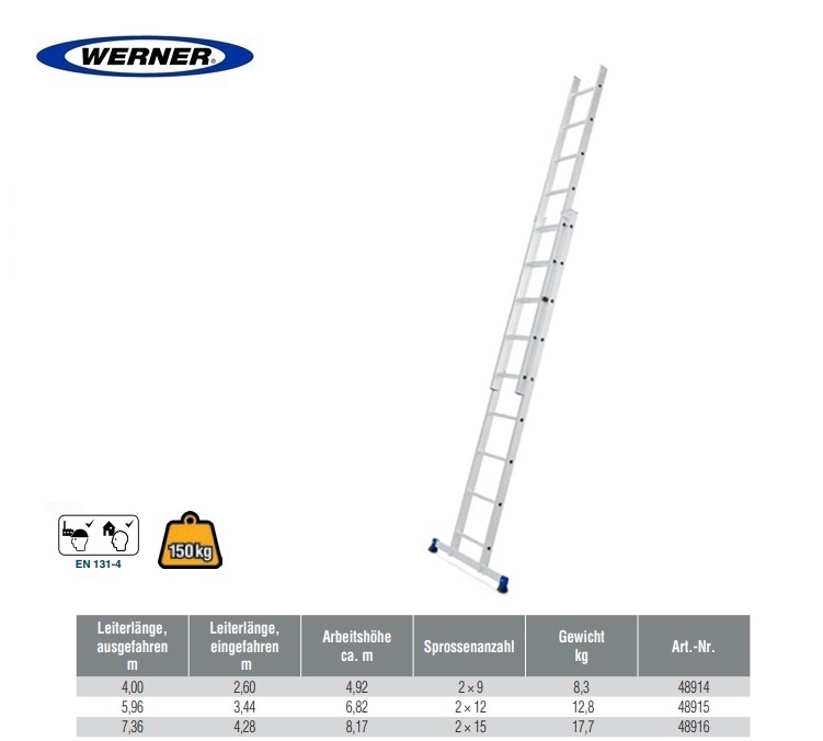 Opsteekladder 2-delig 2x9 sp 2,60 mtr WH 4,92 mtr