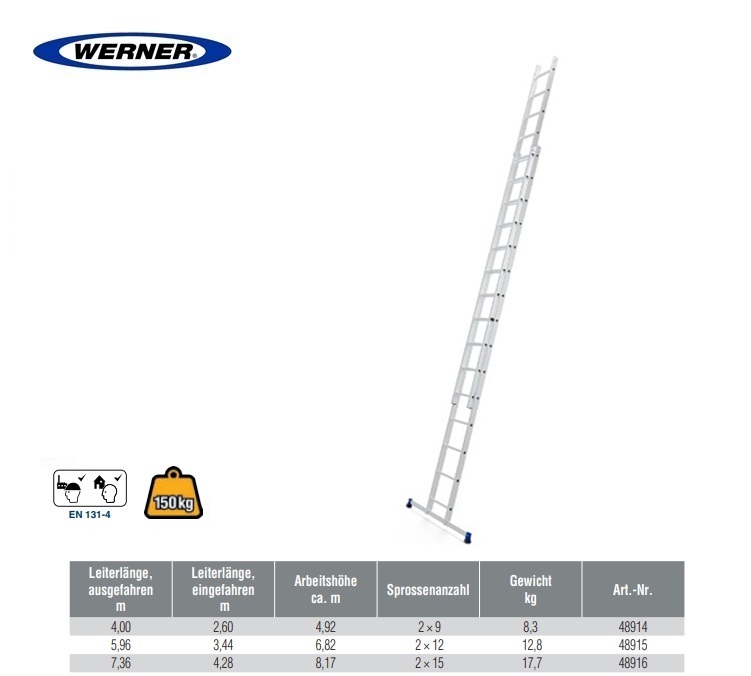 Opsteekladder 2-delig 2x15 sp 4,28 mtr WH 8,17 mtr