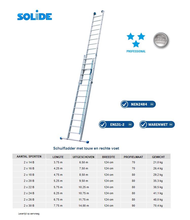 Schuifladder met touw en stabilisatiebalk, 2 x 14 sporten 6,50 m