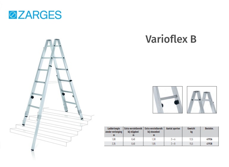 Varioflex B, trap met gefelste sporten en verlengbare bomen 2 x 6 Sp L = 1,80 m