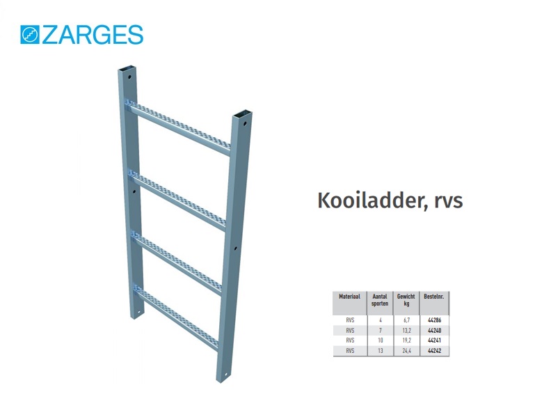 Kooiladder roestvrijstaal V4A, L= 1,12m