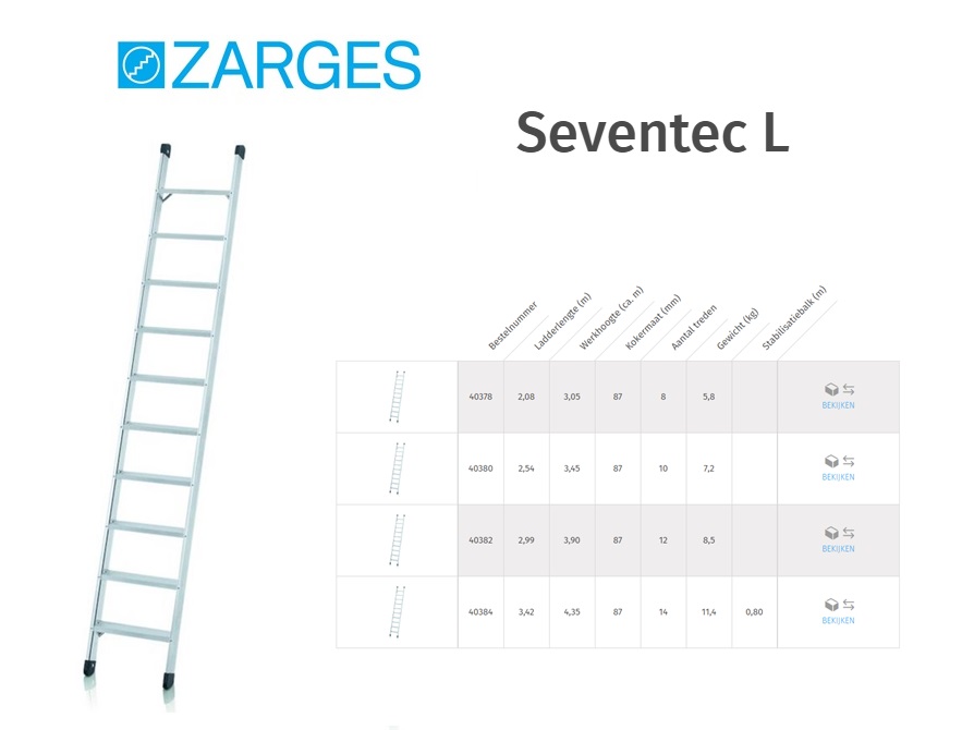 Seventec L, enkele ladder 1x8 sp 2,08 m W hoogte 3,05 m