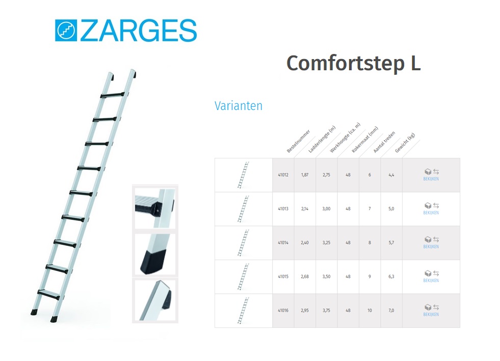Comfortstep L enkele ladder 6 sp 1,82 m, W hoogte 2,75 m