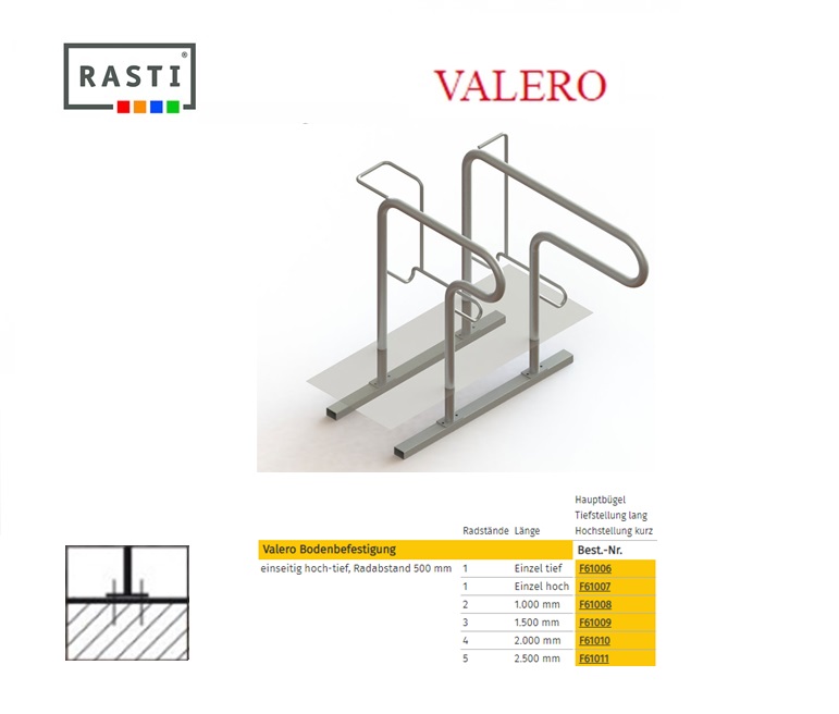 Fietsenrek Bodembevestiging hoog-laag 1000mm 2 plaatsen