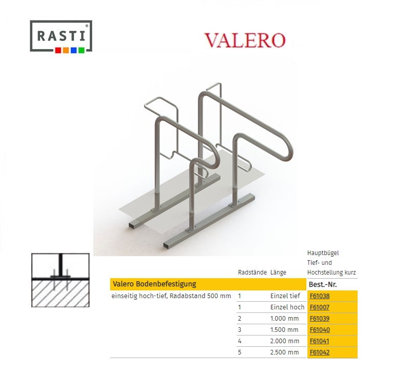 Fietsenrek Bodembevestiging Laag-Hoog 1500mm 3 plaatsen