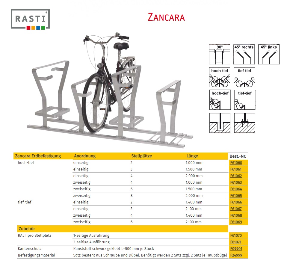 Fietsenrek Zancara eenzijdig Hoog-Diep 1.000 mm aarde montage