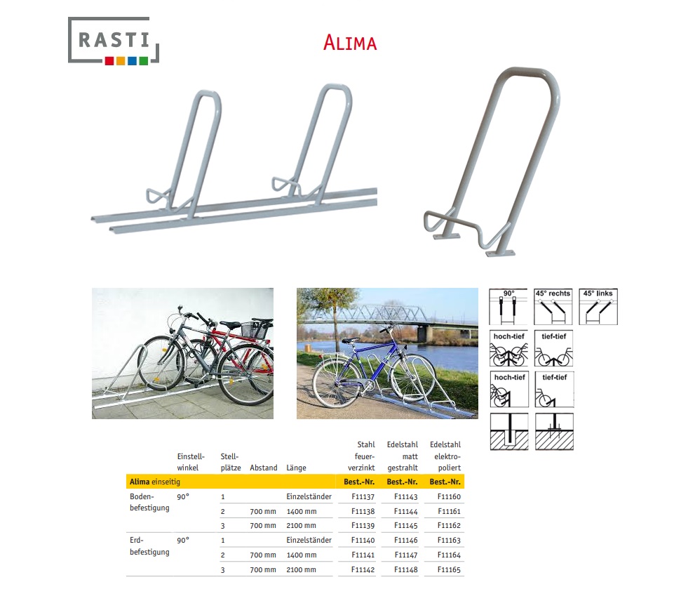 Hellende fietsenrek ALIMA 90° Enkele standaard vloerbevestiging verzinkt staal