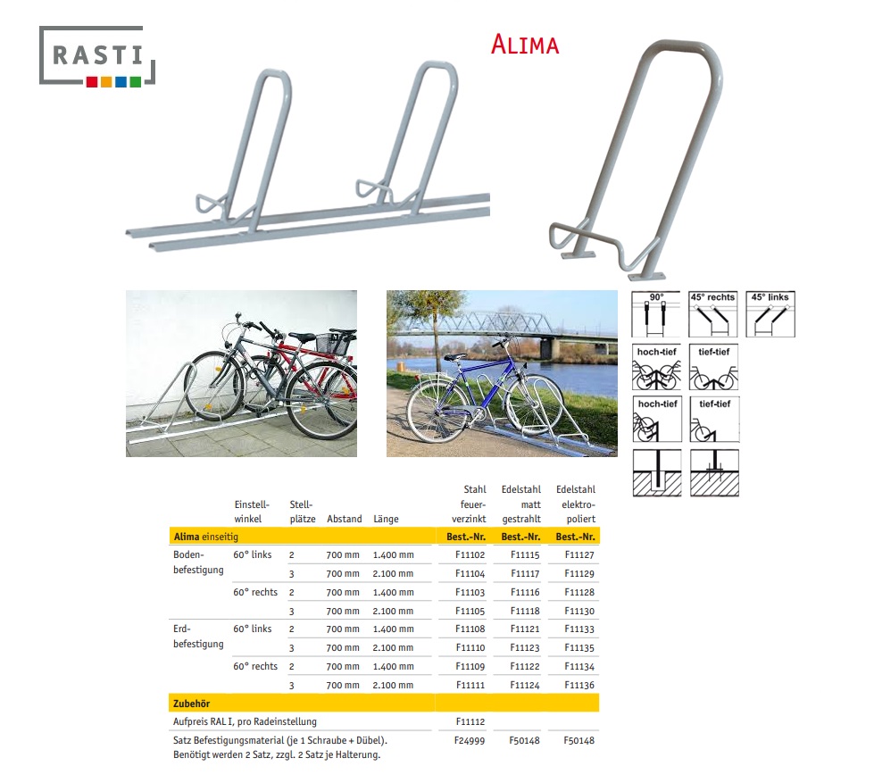 Hellende fietsenrek ALIMA 90° Enkele standaard vloerbevestiging verzinkt staal | DKMTools - DKM Tools
