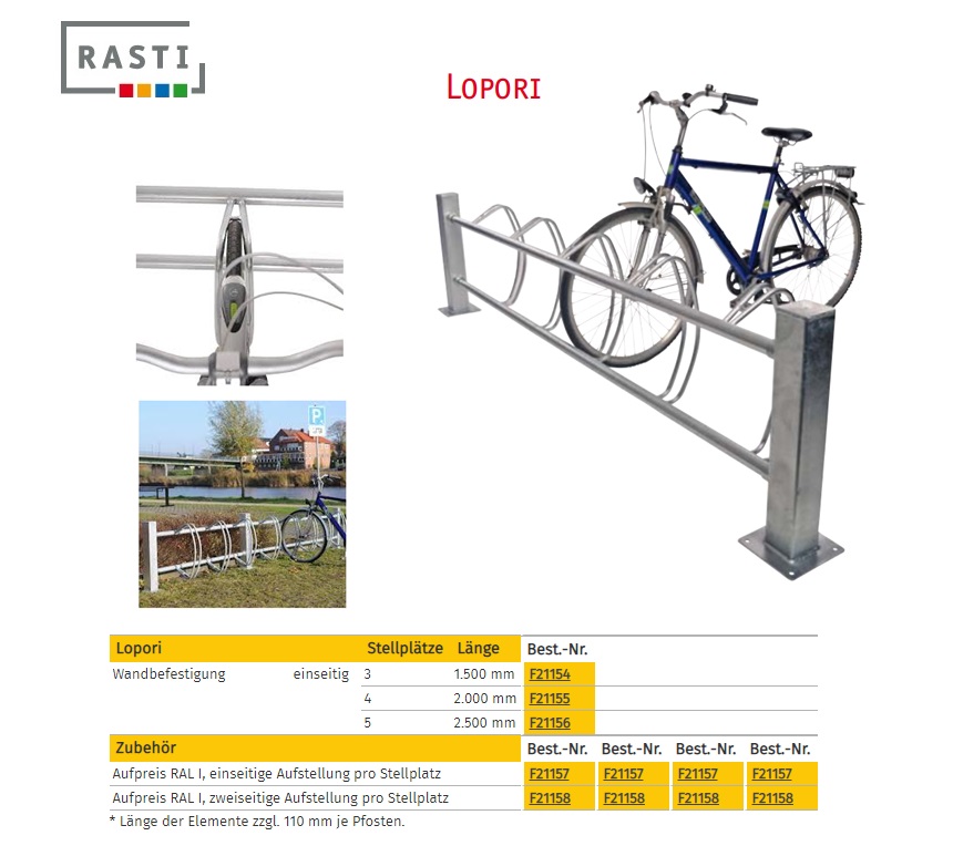 Fietsparkeersysteem LOPORI eenzijdig Muur bevestiging 1.500 mm