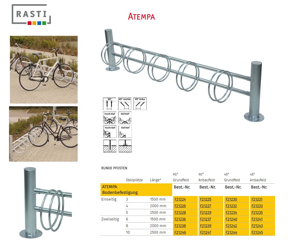 Fietsparkeersysteem ATEMPA Basis eenzijdig 90° 1500 mm vloerbevestiging