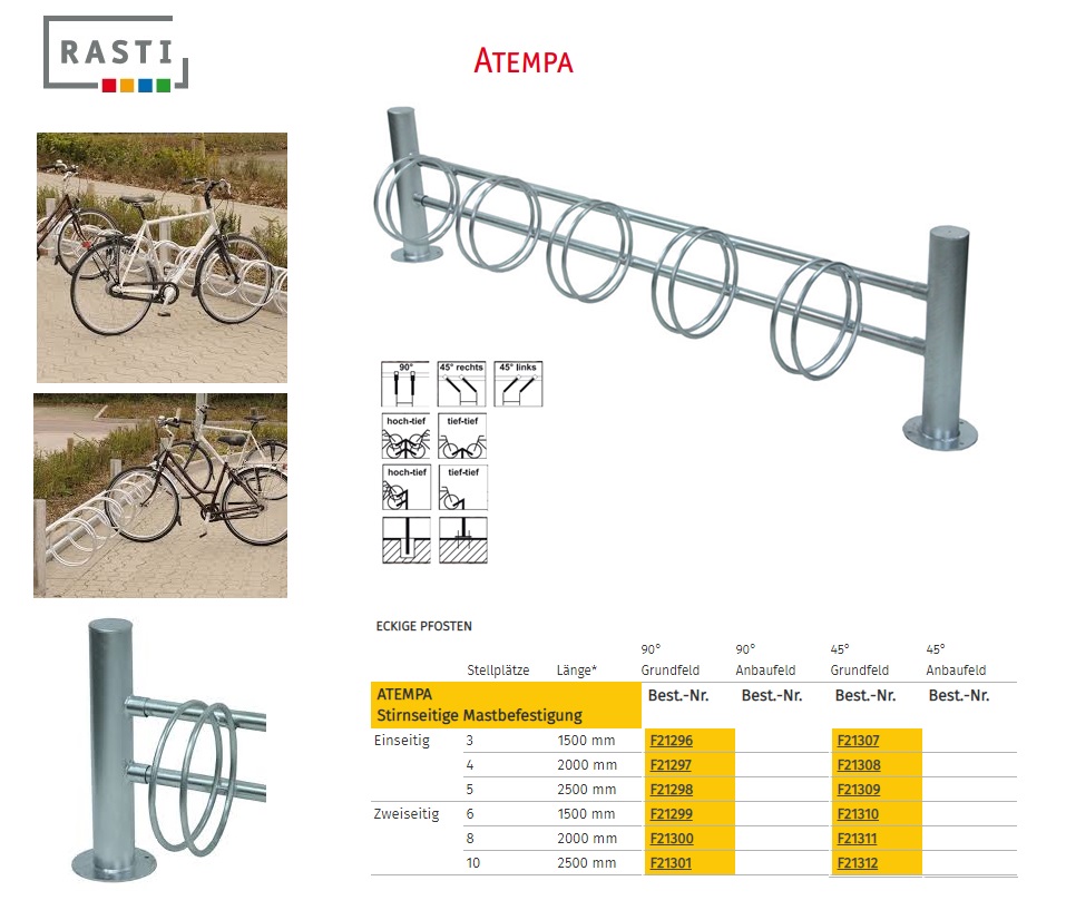 Fietsparkeersysteem ATEMPA mast bevestiging eenzijdig 90° 1500 mm