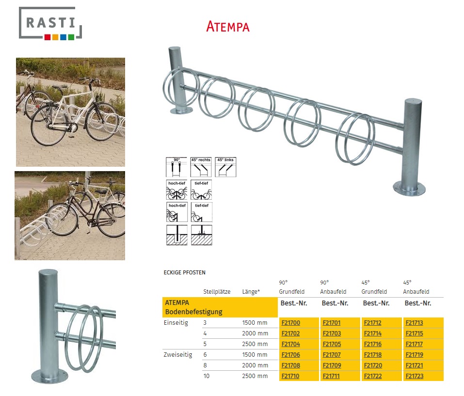 Fietsparkeersysteem ATEMPA Basis eenzijdig 90° 1500 mm vloerbevestiging