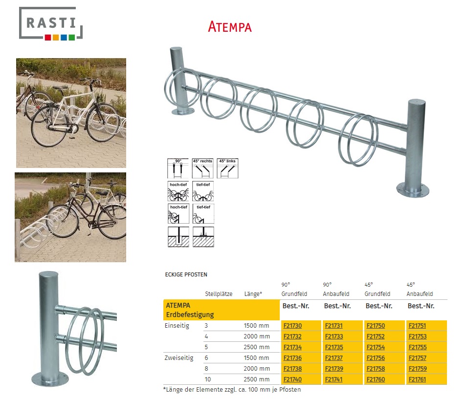 Fietsparkeersysteem ATEMPA Basis eenzijdig 90° 1500 mm grondbevestiging