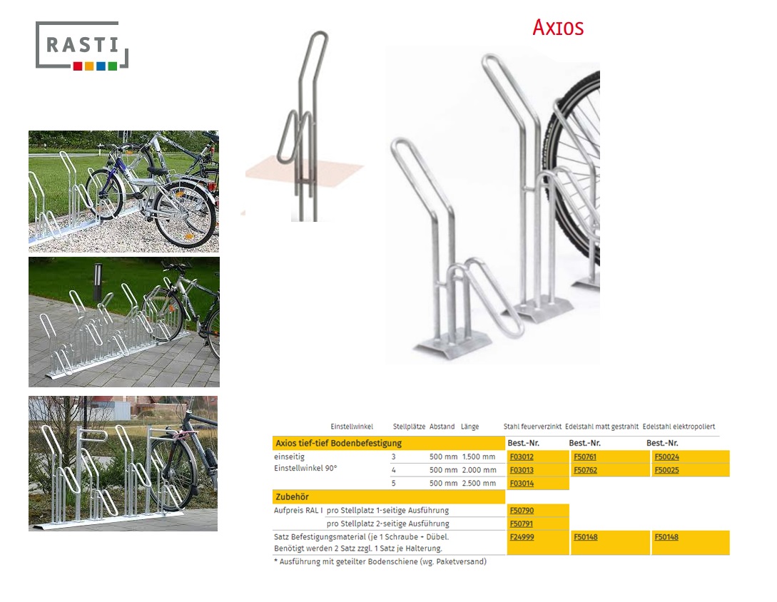 Fietsenrek AXIOS 90° eenzijdig Diep-Diep 1.200 mm Verzinkt