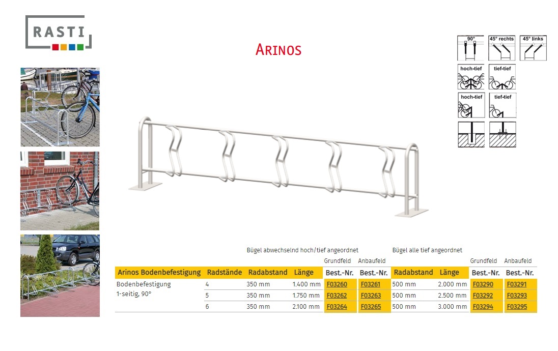 Fietsenrek ARINOS 90° eenzijdig Hoog-Diep Basis 1.400 mm vloerbevestiging