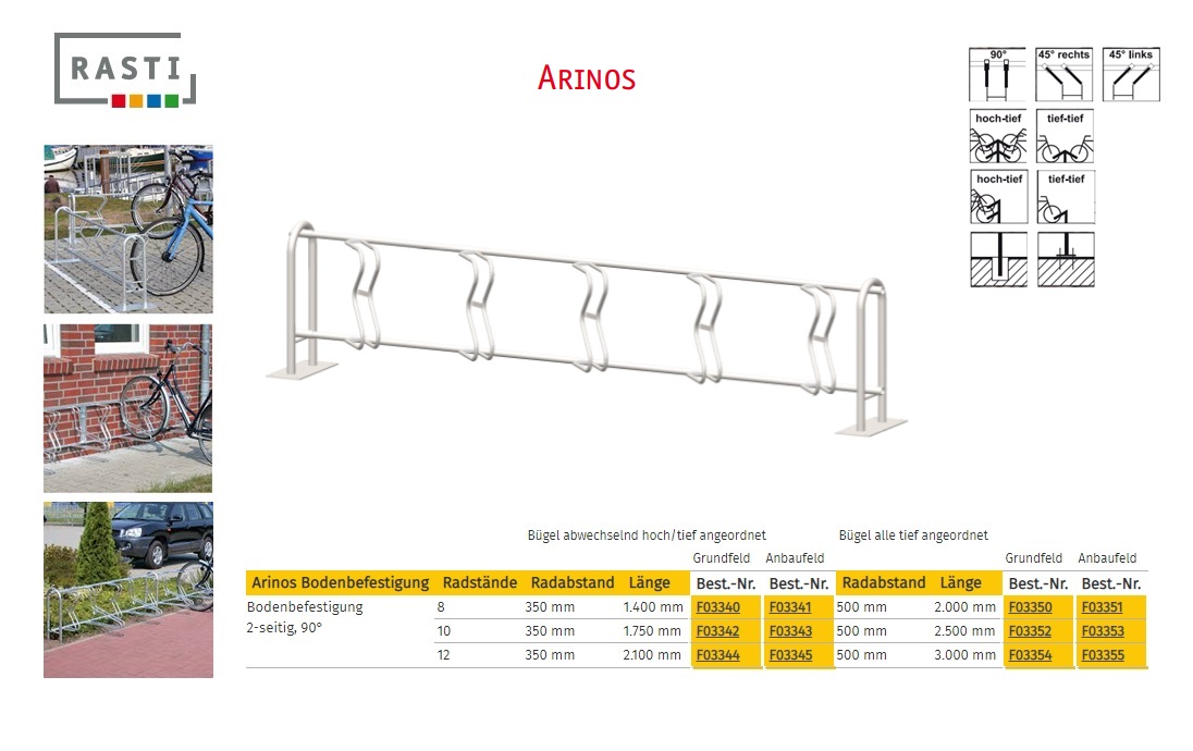 Fietsenrek ARINOS 90° Dubbelzijdig Hoog-Diep Basis 1.400 mm vloerbevestiging