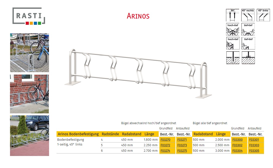 Fietsenrek ARINOS 45° links eenzijdig Hoog-Diep Basis 1.800 mm vloerbevestiging