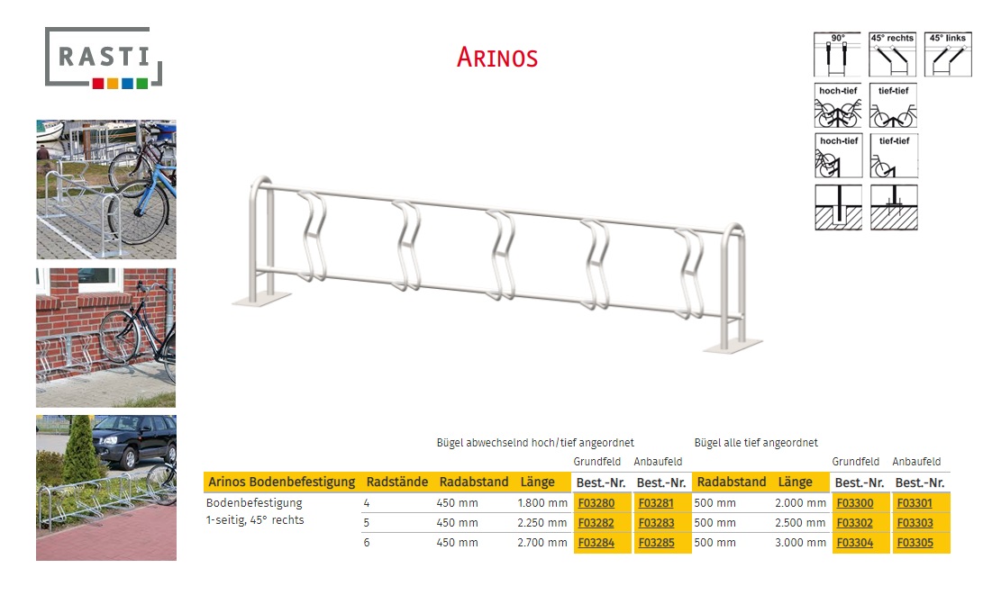 Fietsenrek ARINOS 45° rechts eenzijdig Hoog-Diep Basis 1.800 mm vloerbevestiging
