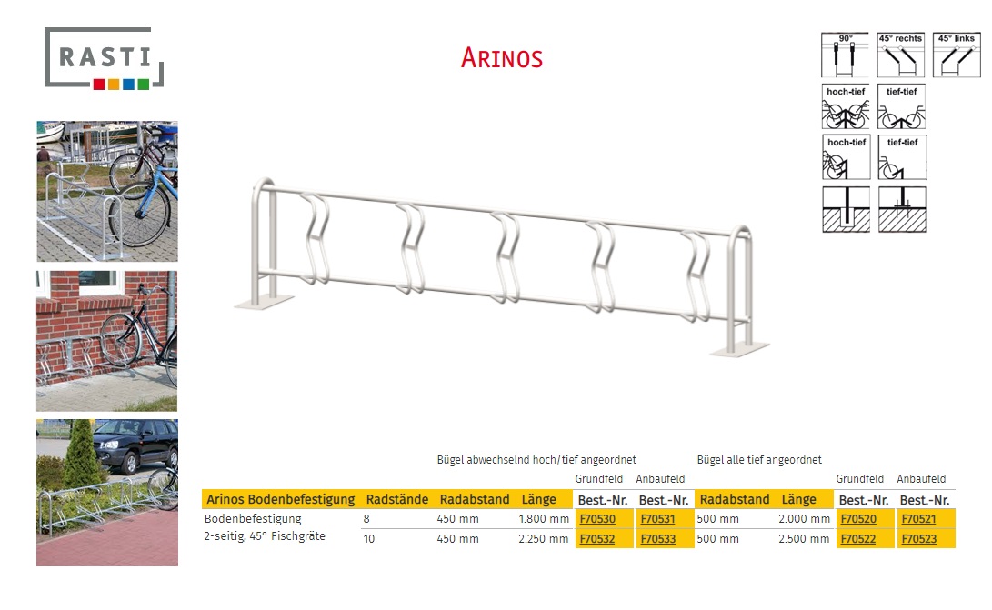 Fietsenrek ARINOS 45° Visgraad Dubbelzijdig Hoog-Diep Basis 1.800 mm vloerbevestiging