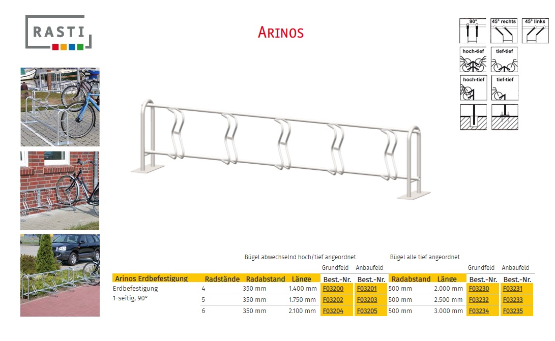 Fietsenrek ARINOS 90° eenzijdig Hoog-Diep Basis 1.400 mm grondbevestiging