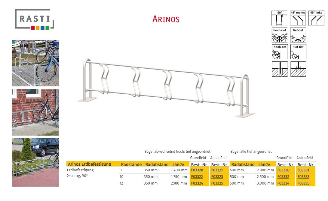 Fietsenrek ARINOS 90° Dubbelzijdig Hoog-Diep Basis 1.400 mm grondbevestiging